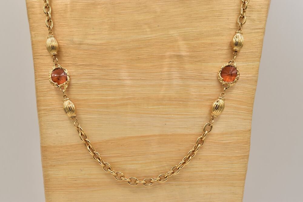 Vintage Gold Tone Station Necklace Amber Orange Faceted Lucite Bezel 1980s BinBL
